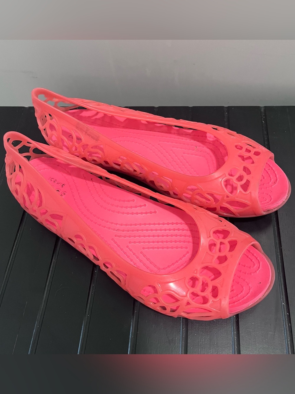 Crocs Isabella Jelly Women's 7 Flats Pink Coral Peep Toe Slip-On Shoes Floral